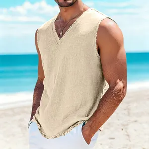 Stylish men's cotton linen sleeveless tank top with frayed edges for summer beach wear