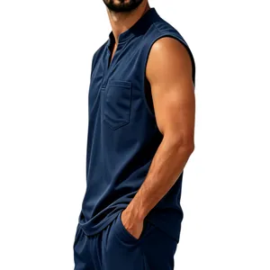 Detailed view of a navy blue quick-dry sleeveless V-neck top with pocket for men.