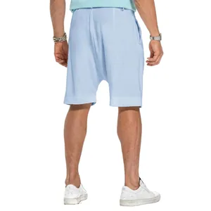 Detailed back view of men's light blue breathable linen shorts in a casual straight fit