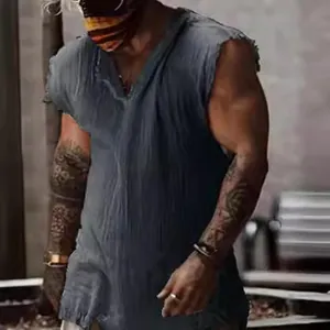 Men's rugged casual cotton linen sleeveless tank top shirt in dark grey for summer fashion