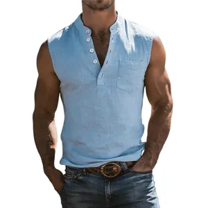 Men's light blue sleeveless linen Henley shirt with functional chest pocket and button detail