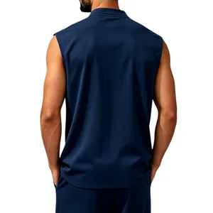 Back view detail of a breathable navy blue quick-dry sleeveless tank top for men's leisure.
