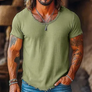 T-Shirt Décontracté en Mélange de Coton pour Hommes Couleur Unie Design à Bords Bruts Coupe Large Manches Courtes Haut Mode Urbaine