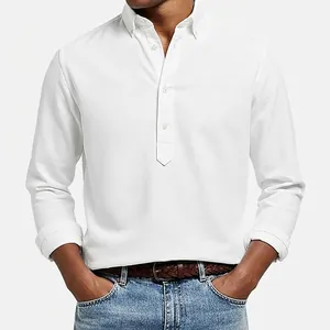 Detailed view of a white textured long-sleeve polo shirt showing the button-down collar
