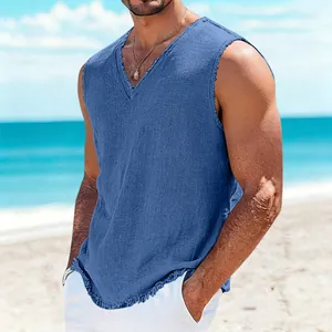 Men's blue cotton linen V-neck sleeveless tank top for summer beach casual wear