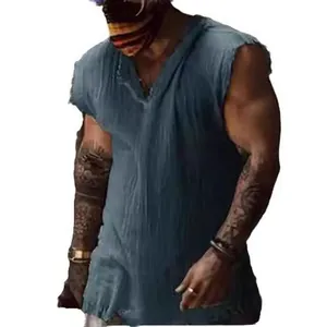 Breathable men's casual cotton linen sleeveless vest shirt in solid dark blue color for summer