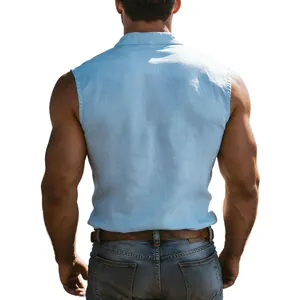 Back view of a muscular man wearing a light blue sleeveless linen casual shirt.