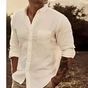 Men's casual long sleeve button down linen shirt in off-white for outdoor leisure wear