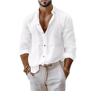 Chemise de plage décontractée en lin et coton blanc pour hommes avec col à revers chic