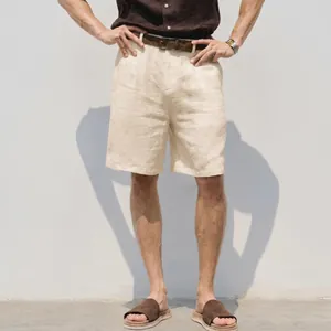Mens breathable beige linen shorts with relaxed fit for summer resort style