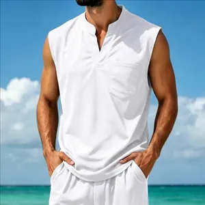 Detail view of a white quick-dry sleeveless V-neck leisure vest with chest pocket for men