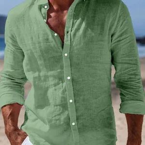 Casual sage green linen long-sleeved shirt for men with a relaxed beach vibe