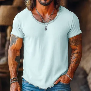 T-shirt décontracté pour homme vert menthe à manches courtes et bords effilochés mode
