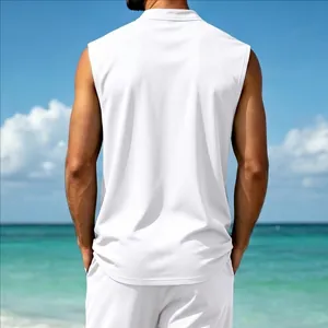 Detailed back view of men's white quick-dry sleeveless tank top on tropical beach