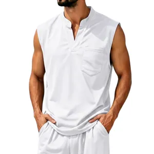 Detailed view of a white quick-dry sleeveless V-neck top for men featuring a chest pocket