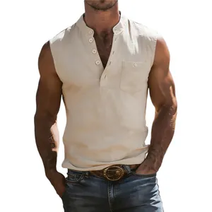 Detailed view of men's sleeveless linen Henley shirt with chest pocket and buttons.