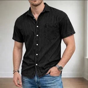 Classic men's casual short-sleeve denim shirt with lapel collar and front pocket