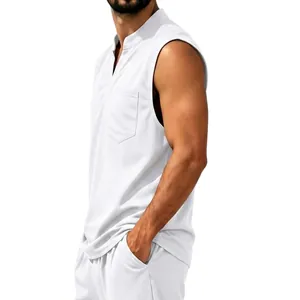 Close-up view of men's white quick-dry sleeveless vest featuring V-neck and chest pocket