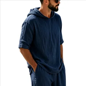 T-shirt à capuche en lin bleu marine pour hommes, haut d'été décontracté et ample à manches