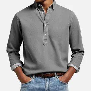 Men's premium grey jacquard long sleeve polo shirt with button-down collar casual fit