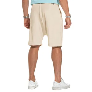 Detailed back view of men's breathable beige linen shorts for summer casual wear
