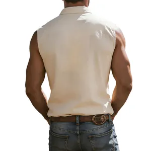 Back view of men's casual linen sleeveless shirt in beige showing fabric texture and fit.