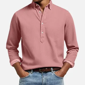 Men's textured jacquard long sleeve polo shirt with buttoned collar in dusty rose