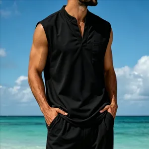 Macro view of men's black V-neck quick-dry vest featuring functional chest pocket detail