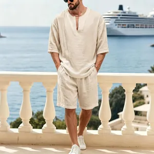 Conjunto casual de lino para hombre con top de cuello en V y pantalones cortos