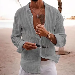 Men's solid gray long-sleeved linen beach shirt for casual summer holiday wear