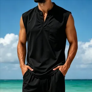 Men's quick-dry black V-neck sleeveless casual vest with pocket for beach vacation