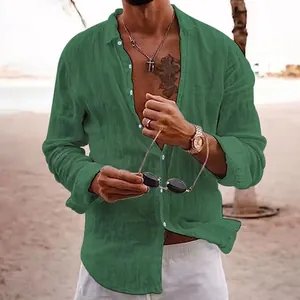 Men's casual long sleeve linen shirt in forest green, perfect for summer beach holiday