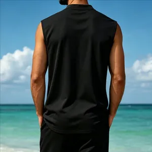 Back view of a black quick-dry sleeveless vest for men on a sunny tropical beach