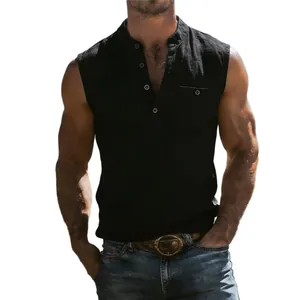 Upper body detail of a men's black sleeveless linen Henley shirt with buttoned pocket