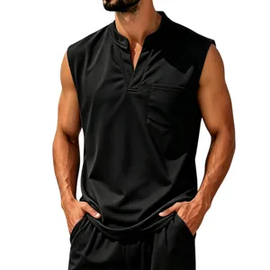 Close-up view of a black V-neck quick-dry sleeveless top with functional chest pocket
