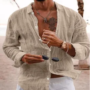 Casual men's beige long sleeve linen texture beach shirt for stylish summer holiday outfits