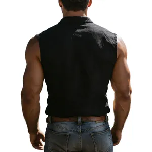 Detailed back view of men's black linen sleeveless shirt with premium breathable fabric