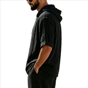 T-shirt à capuche pour homme en lin noir avec texture apparente et coupe décontractée