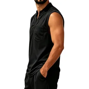 Side view detail of men's black quick-dry sleeveless V-neck top with front pocket