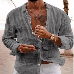 Detailed view of breathable gray linen long sleeve shirt for men's summer beach holiday style