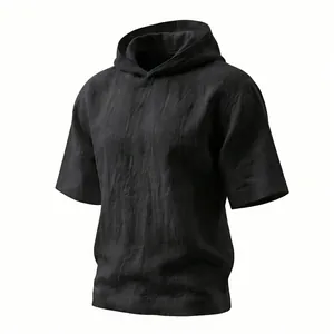 T-shirt à capuche pour homme en lin noir avec demi-manches et texture naturelle