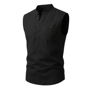 Close-up detail of a men's black sleeveless linen Henley shirt featuring a chest pocket