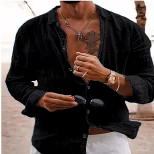 Detailed view of men's black long-sleeve breathable linen-style summer beach shirt