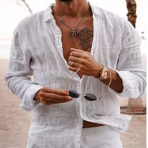 Close-up of white linen beach shirt for men showing breathable summer fabric