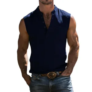 Detailed close-up of navy blue sleeveless linen Henley vest for men with pocket