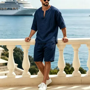 Conjunto de vacaciones de lino transpirable azul marino para hombre con cuello en V