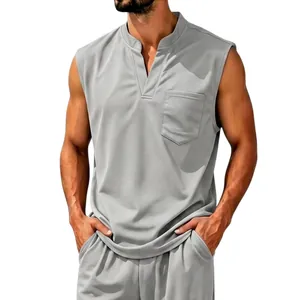Macro view of men's gray mesh quick-dry sleeveless top featuring V-neck and chest pocket