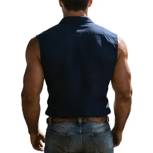 Detailed back view of a men's navy blue sleeveless linen shirt with a slim muscular fit