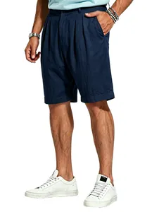 Men's breathable navy blue linen shorts with a classic straight leg fit for summer beach