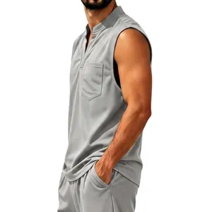 Detail view of grey quick-dry tank top for men featuring V-neck design and chest pocket